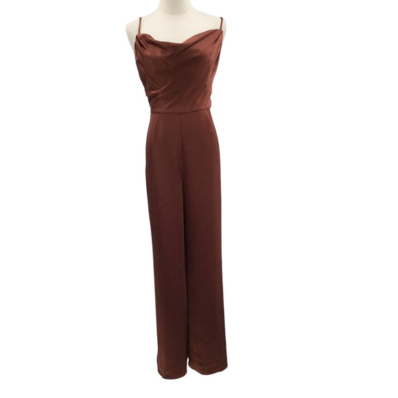 LUSH XS Perfect Night Brown Satin Cowl Neck Culotte Jumpsuit NEW b122 - Picture 3 of 13